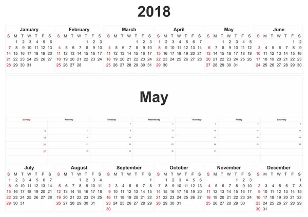 2018 Een Maandelijkse Kalender Met Witte Achtergrond — Stockfoto