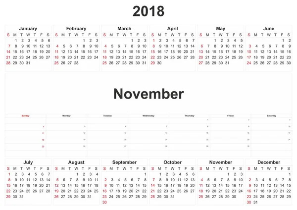 2018 Monthly Calendar White Background — Stock Photo, Image
