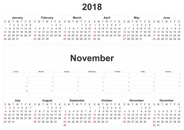 2018 Calendrier Mensuel Avec Fond Blanc — Photo