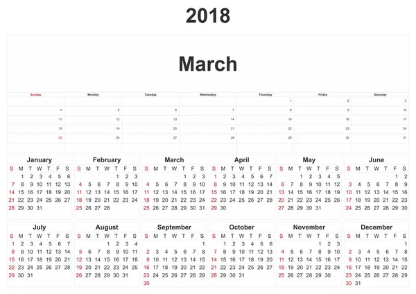 2018 Щомісячний Календар Білим Тлом — стокове фото