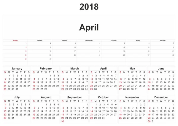 毎月のカレンダーの白い背景を持つ 2018 — ストック写真