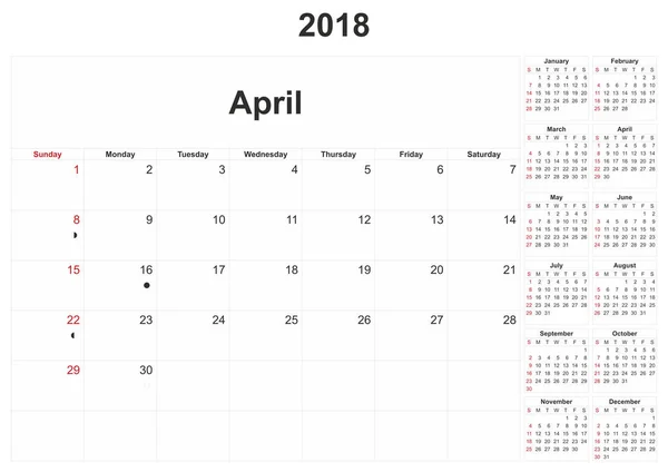 2018 Een Maandelijkse Kalender Met Witte Achtergrond — Stockfoto