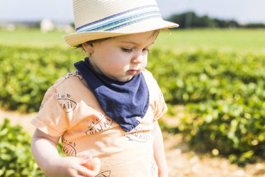 Hasır şapka çilek çilek alanında toplama bir bebekle