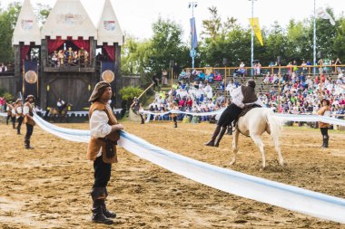 Şövalyeler, performansları, ile Ortaçağ turnuva gösterir, yiyecek ve içecek tipik bir alan Kaltenber, Almanya.