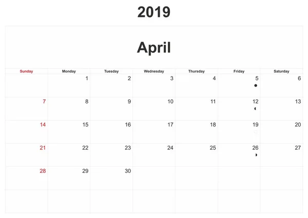 2019 Calendario Mensual Con Fondo Blanco —  Fotos de Stock
