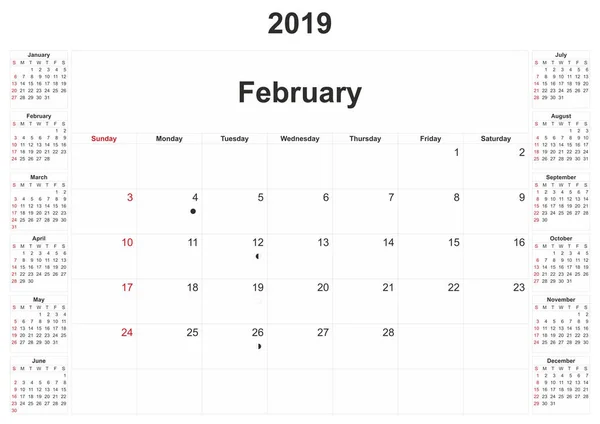 2019 Calendario Mensual Con Fondo Blanco —  Fotos de Stock