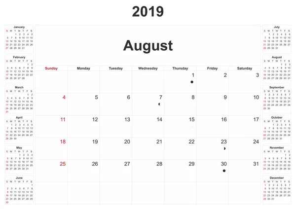 2019 Calendario Mensual Con Fondo Blanco —  Fotos de Stock