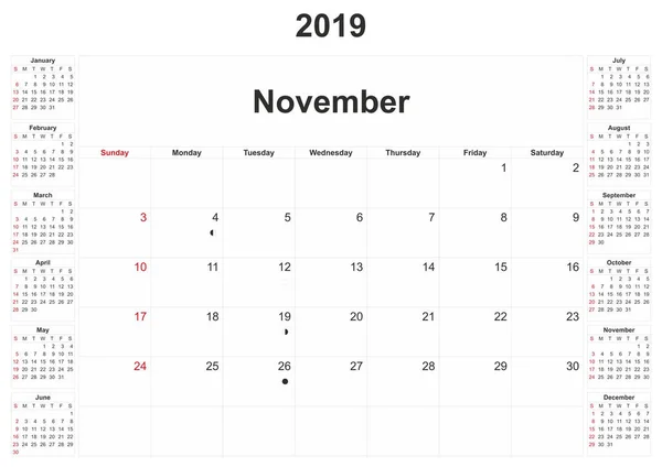 2019 Calendario Mensual Con Fondo Blanco —  Fotos de Stock