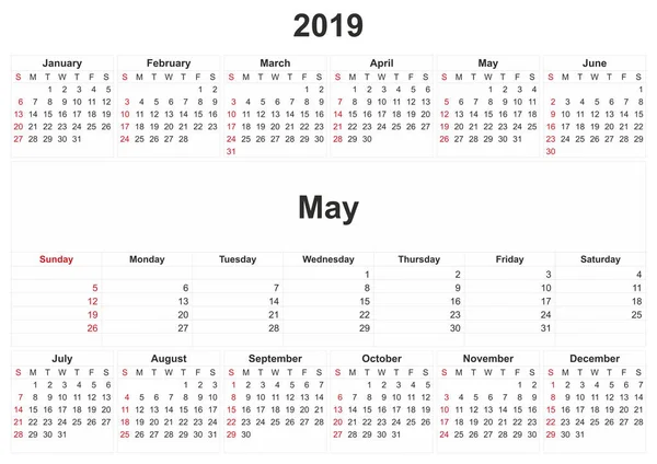 2019 Calendario Mensual Con Fondo Blanco —  Fotos de Stock