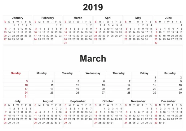 2019 Månatlig Kalender Med Vit Bakgrund — Stockfoto