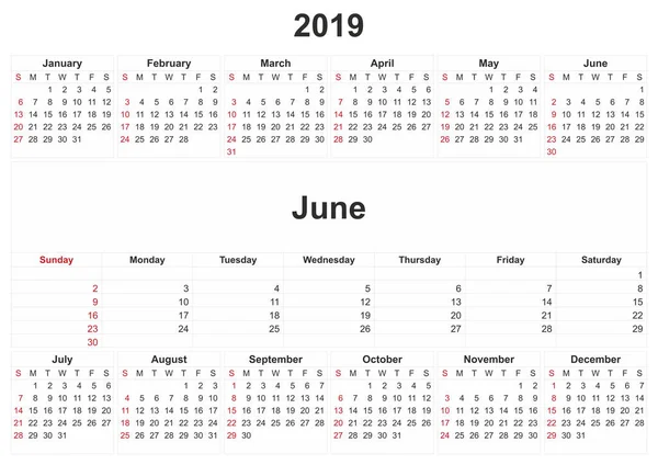2019 Een Maandelijkse Kalender Met Witte Achtergrond — Stockfoto