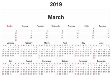 aylık bir takvim ile beyaz arka plan 2019.