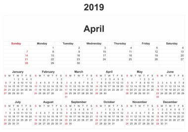 aylık bir takvim ile beyaz arka plan 2019.