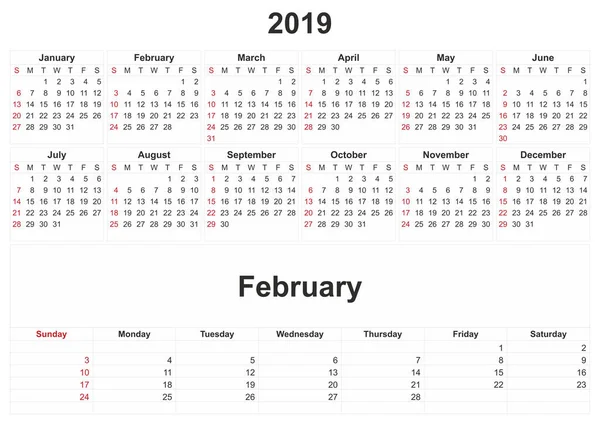 2019 Calendario Mensual Con Fondo Blanco —  Fotos de Stock