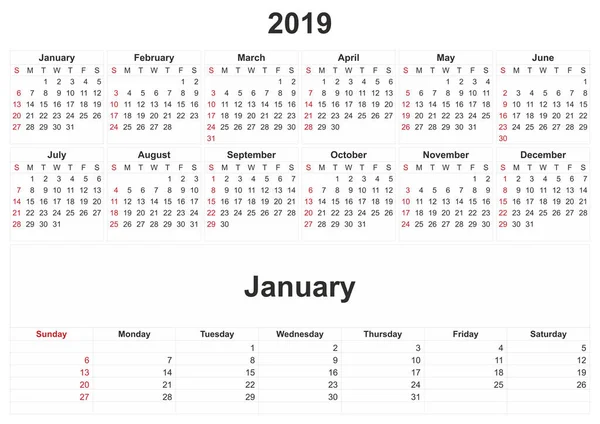 毎月のカレンダーの白い背景を持つ 2019 — ストック写真