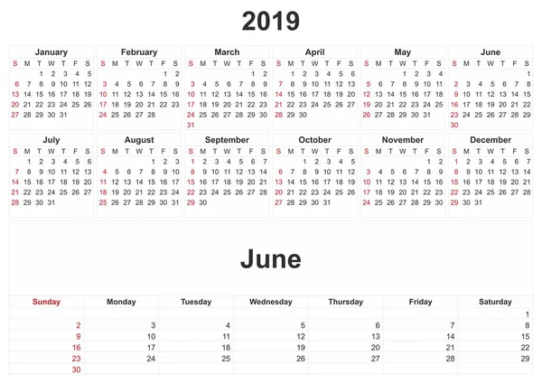 2019 Calendario Mensual Con Fondo Blanco —  Fotos de Stock