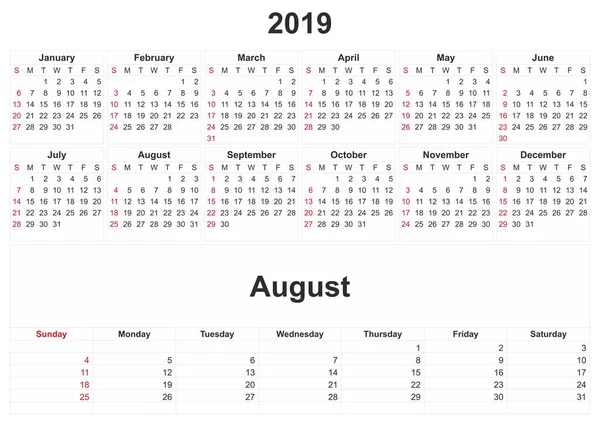 2019 Calendario Mensual Con Fondo Blanco —  Fotos de Stock