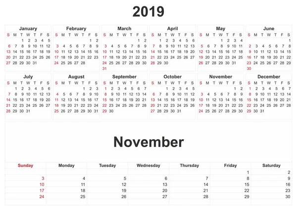 2019 Monthly Calendar White Background — Stock Photo, Image