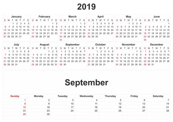 毎月のカレンダーの白い背景を持つ 2019 — ストック写真