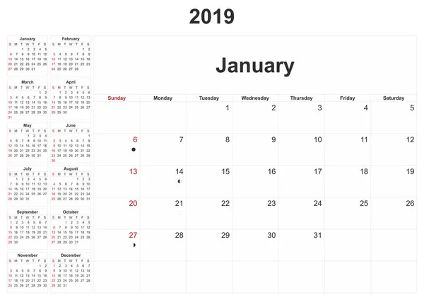 毎月のカレンダーの白い背景を持つ 2019 — ストック写真