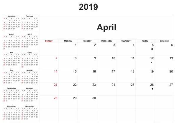 2019 Měsíční Kalendář Bílým Pozadím — Stock fotografie