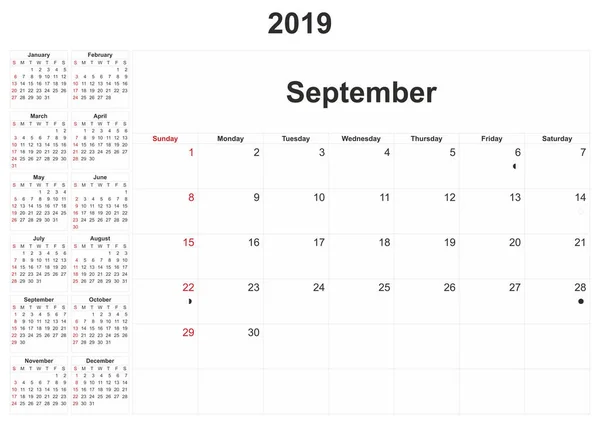 2019 Місячний Календар Білим Тлом — стокове фото