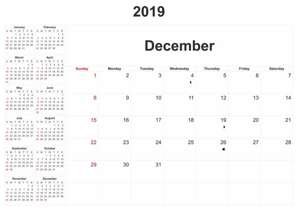 2019 Calendário Mensal Com Fundo Branco — Fotografia de Stock