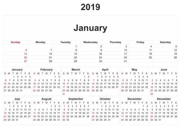 2019 Calendario Mensual Con Fondo Blanco —  Fotos de Stock