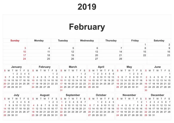 2019 Månatlig Kalender Med Vit Bakgrund — Stockfoto