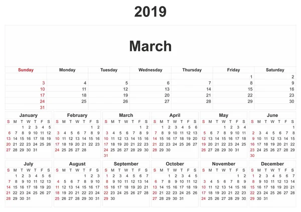 2019 Calendario Mensual Con Fondo Blanco —  Fotos de Stock