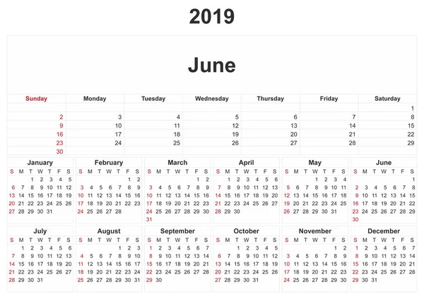 2019 Calendrier Mensuel Avec Fond Blanc — Photo