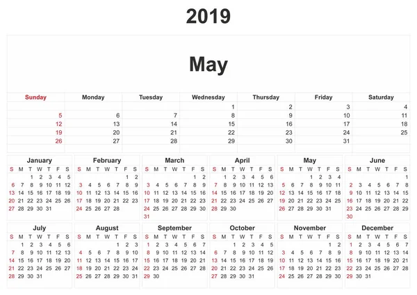 2019 Een Maandelijkse Kalender Met Witte Achtergrond — Stockfoto