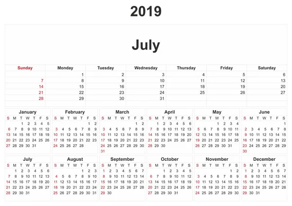 2019 Calendario Mensual Con Fondo Blanco — Foto de Stock