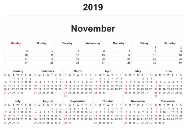 2019 Monthly Calendar White Background — Stock Photo, Image