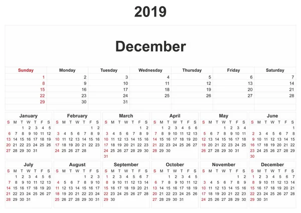 2019 Calendario Mensual Con Fondo Blanco — Foto de Stock