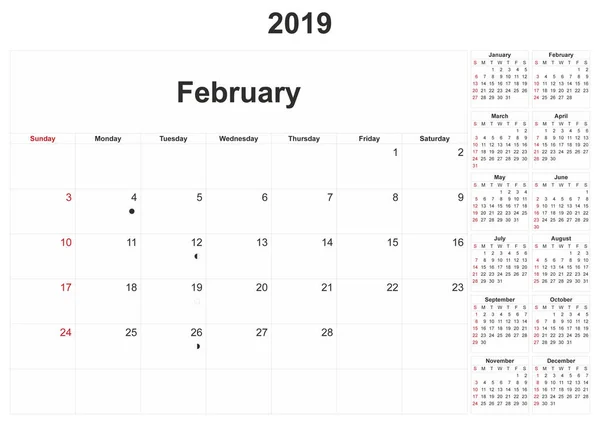 2019 Calendario Mensile Con Sfondo Bianco — Foto Stock