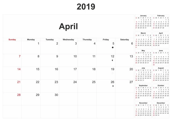 2019 Calendario Mensile Con Sfondo Bianco — Foto Stock