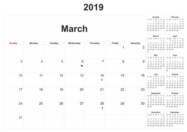 2019 Calendario Mensile Con Sfondo Bianco — Foto Stock