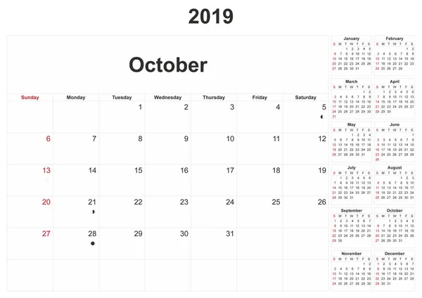 2019 Calendario Mensual Con Fondo Blanco —  Fotos de Stock