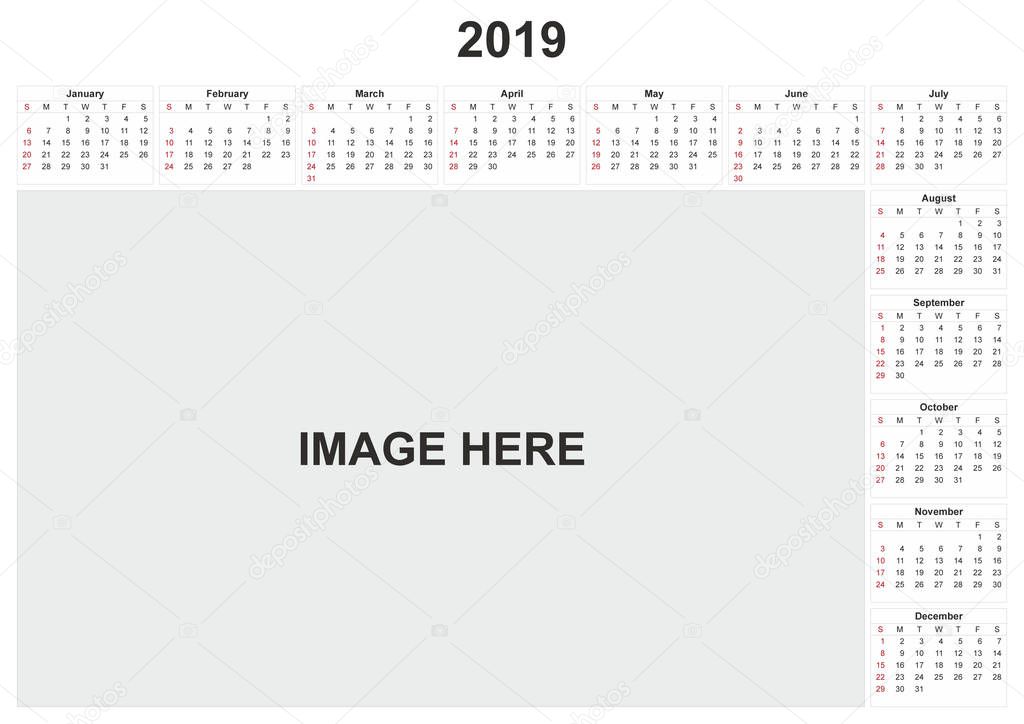 A 2019 calendar with white background.