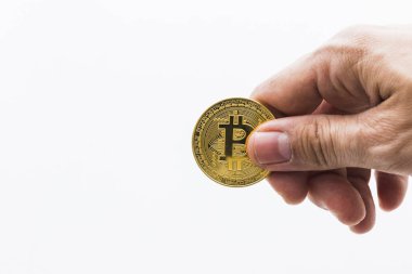 Bitcoin Cryptocurrency dijital para Btc para birimi teknoloji iş Internet kavramı biraz. Bitcoin holding eller