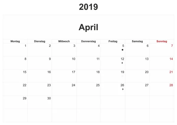 2019 Německý Měsíčního Kalendáře Bílým Pozadím — Stock fotografie