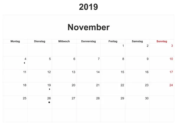2019 Calendario Mensual Alemán Con Fondo Blanco —  Fotos de Stock
