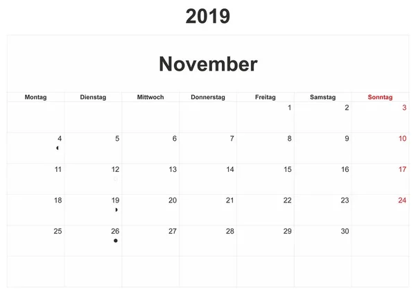 2019 Tysk Månedskalender Med Hvid Baggrund - Stock-foto