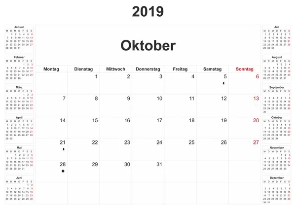 2019 Calendario Mensual Alemán Con Fondo Blanco —  Fotos de Stock