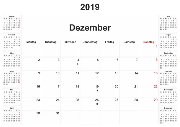 2019 Calendario Mensual Alemán Con Fondo Blanco —  Fotos de Stock