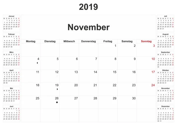 2019 German Monthly Calendar White Background — Stock Photo, Image