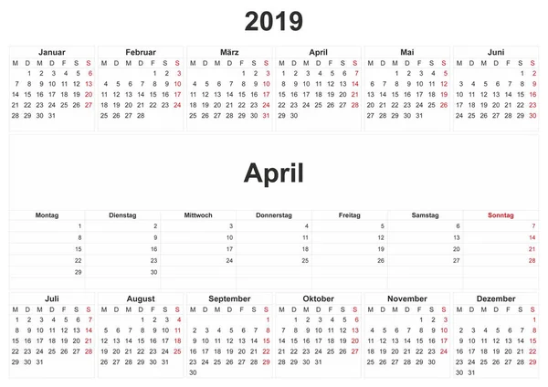 2019 Calendario Mensual Alemán Con Fondo Blanco — Foto de Stock