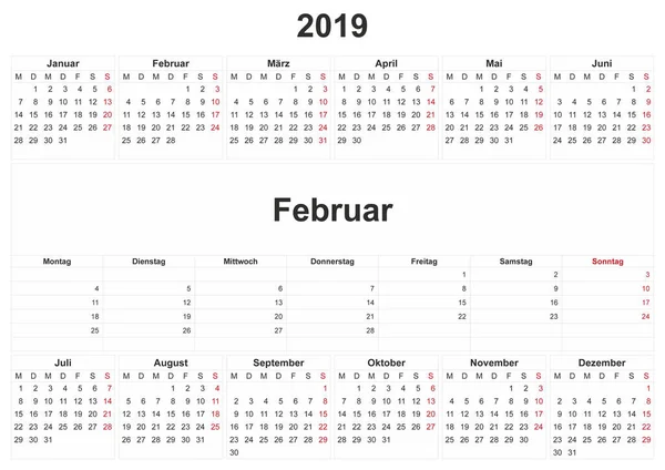 2019 German Monthly Calendar White Background — Stock Photo, Image