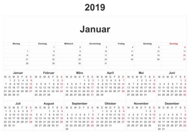 2019 Almanca bir aylık takvim ile beyaz arka plan.
